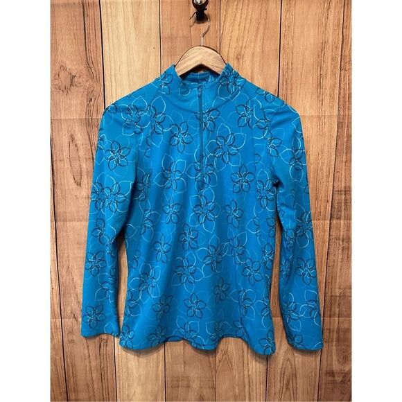 L.L. Bean M Blue Floral Outdoor Hiking Athletic Athleisure 1/4 Zip Top - Picture 1 of 5